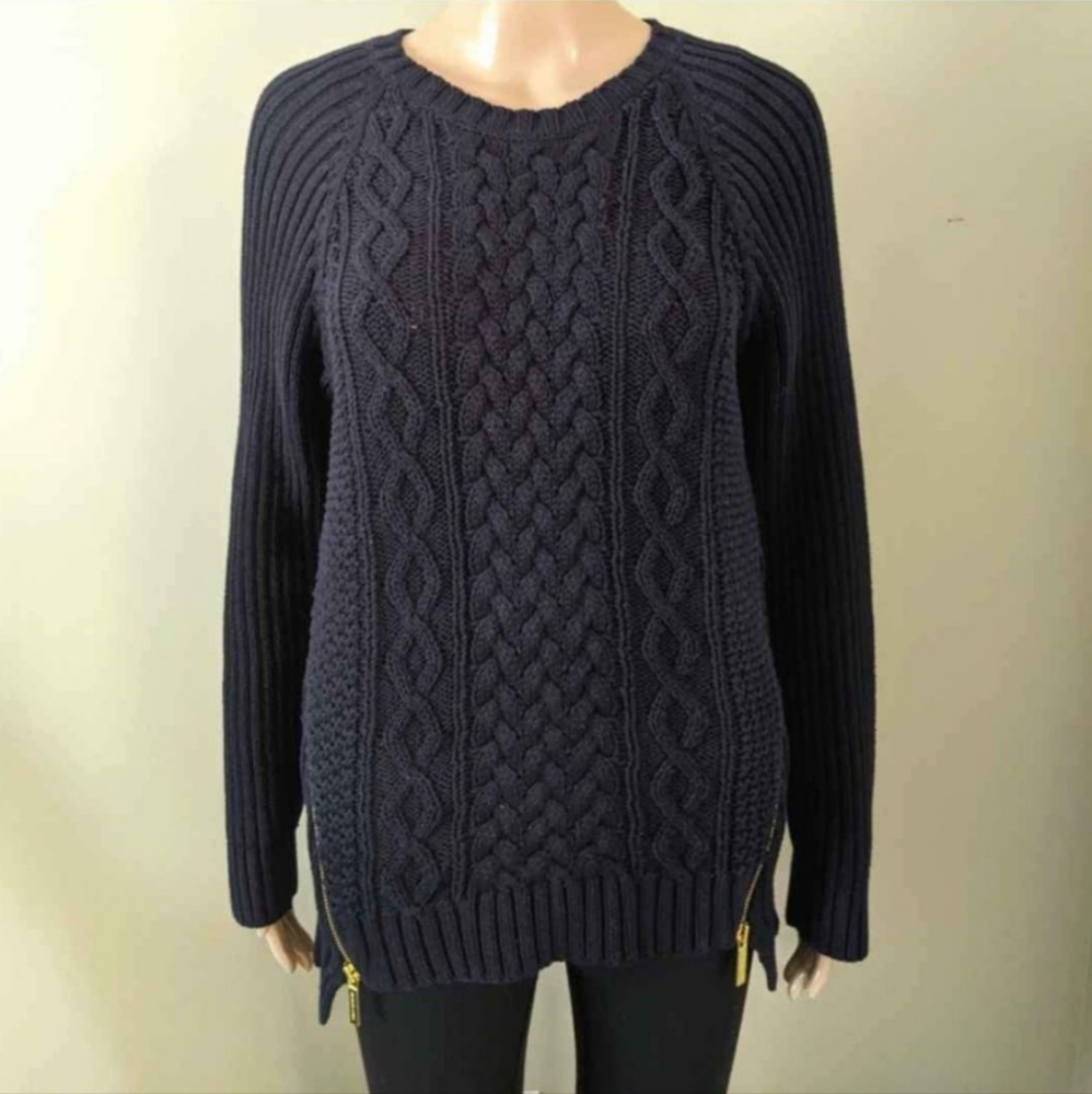 Michael Kors cable knit side zippers dark navy sweater, women's large